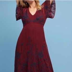 NWOT ANTHRO Maeve Maroon Navy Embroidered Dress